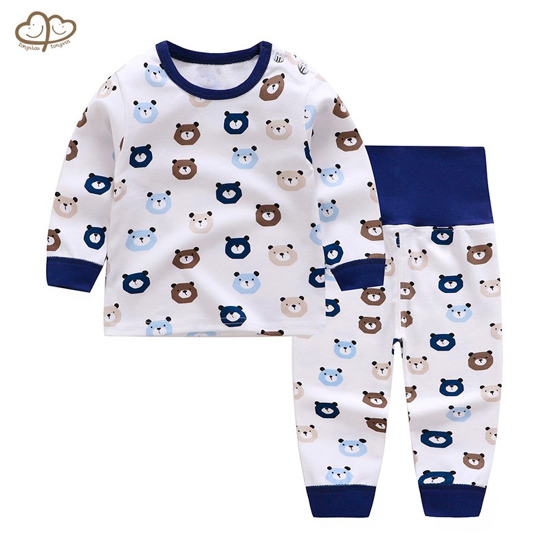 Kids Casual Clothing Set Autumn Striped Pattern Design High Waist Cotton Belly Protection Boys Girls Featuring Cartoon Motif
