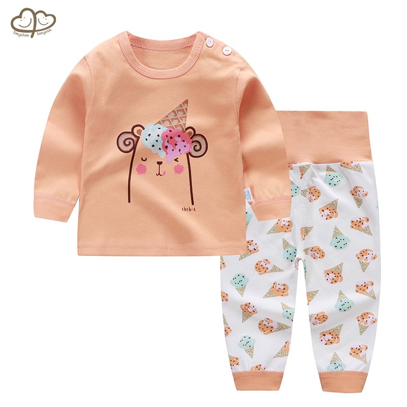 Kids Casual Clothing Set Autumn Striped Pattern Design High Waist Cotton Belly Protection Boys Girls Featuring Cartoon Motif