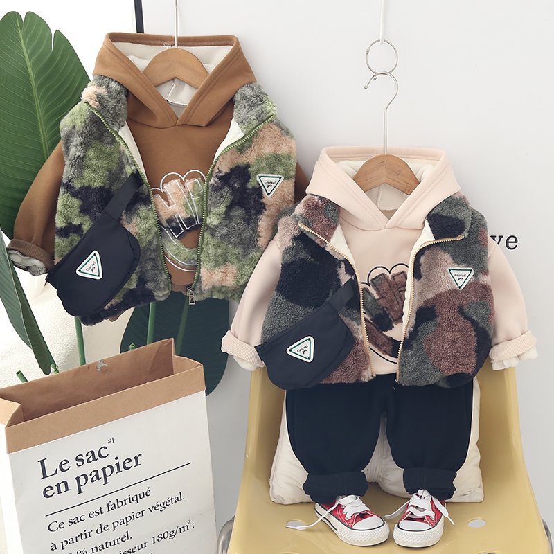 2024 Good Quality Autumn Winter Kids Clothes For Sale Camouflage Vest Velvet Hoodie Casual Pants Three-piece Boys Clothing Sets