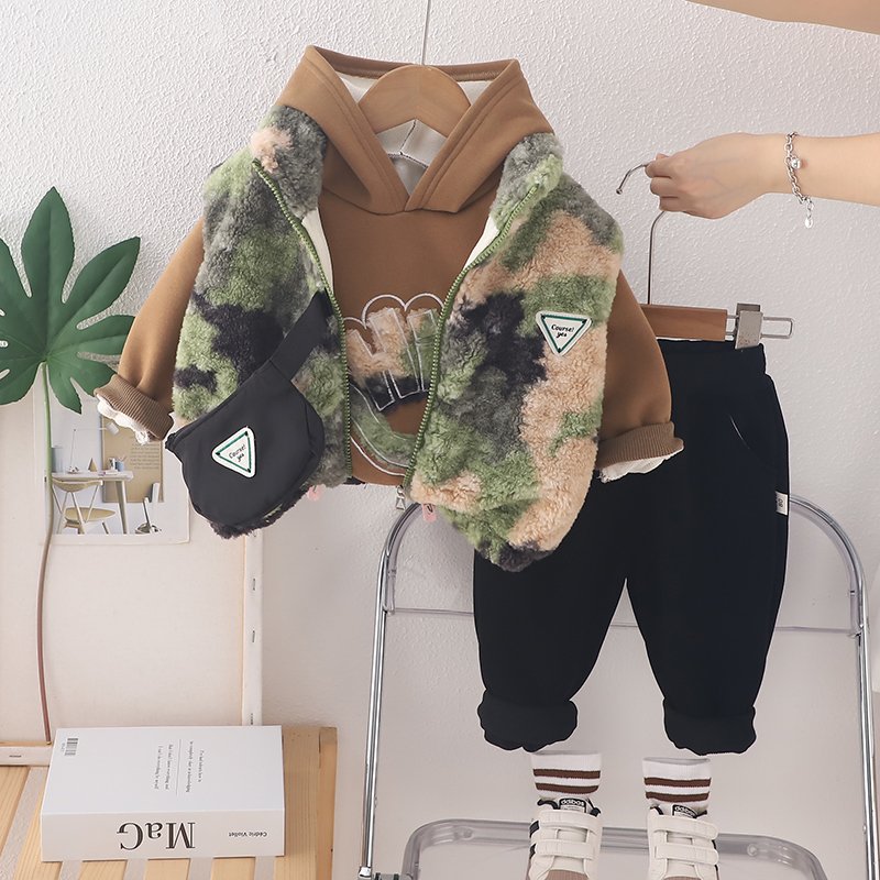2024 Good Quality Autumn Winter Kids Clothes For Sale Camouflage Vest Velvet Hoodie Casual Pants Three-piece Boys Clothing Sets