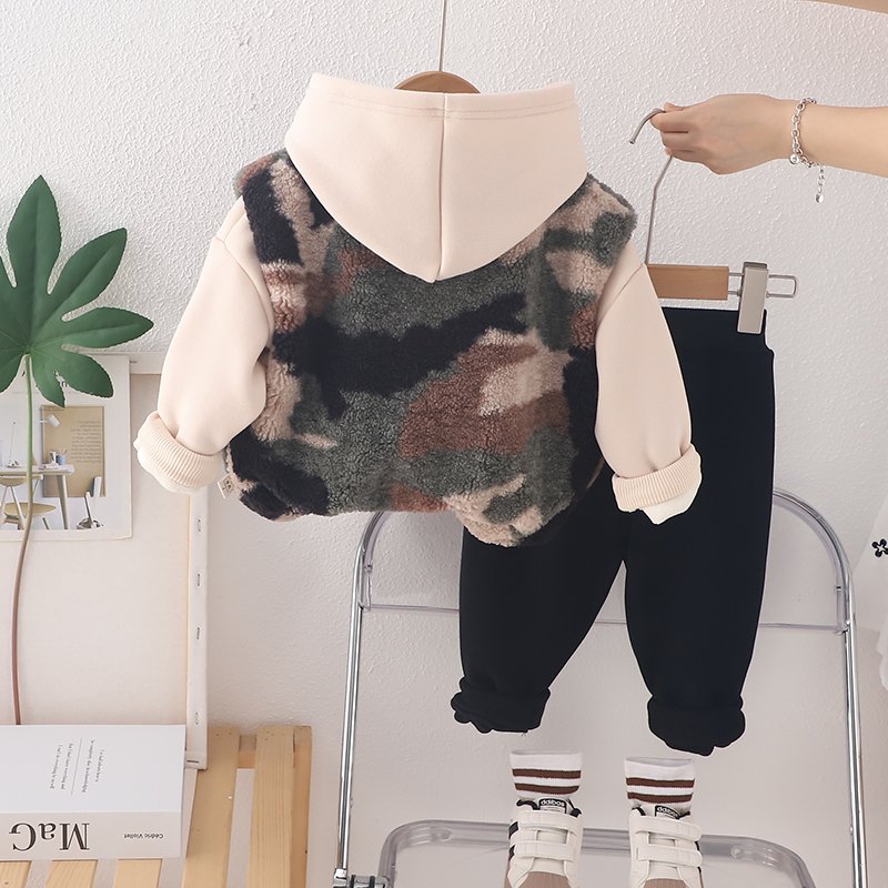 2024 Good Quality Autumn Winter Kids Clothes For Sale Camouflage Vest Velvet Hoodie Casual Pants Three-piece Boys Clothing Sets