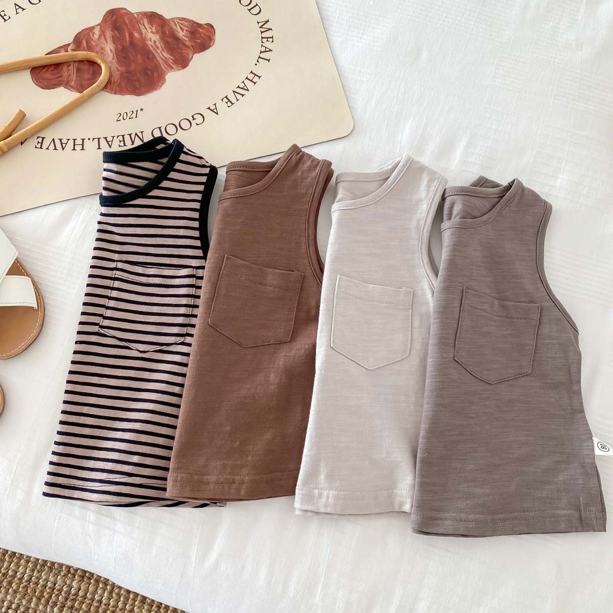 Children's Summer Sleeveless Vest Solid Color Kids Thin Casual Girls Tops Baby Boys Clothing Sets