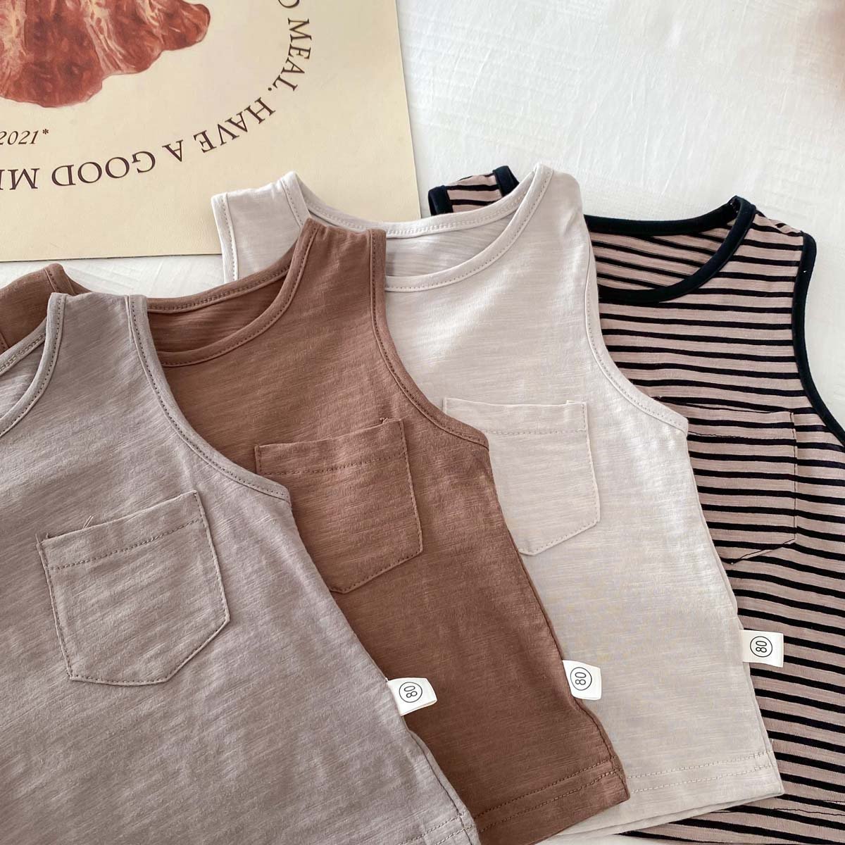 Children's Summer Sleeveless Vest Solid Color Kids Thin Casual Girls Tops Baby Boys Clothing Sets