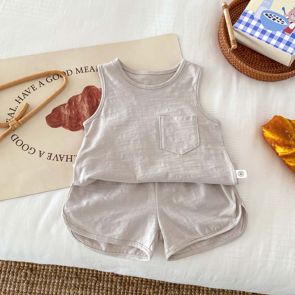 Children's Summer Sleeveless Vest Solid Color Kids Thin Casual Girls Tops Baby Boys Clothing Sets