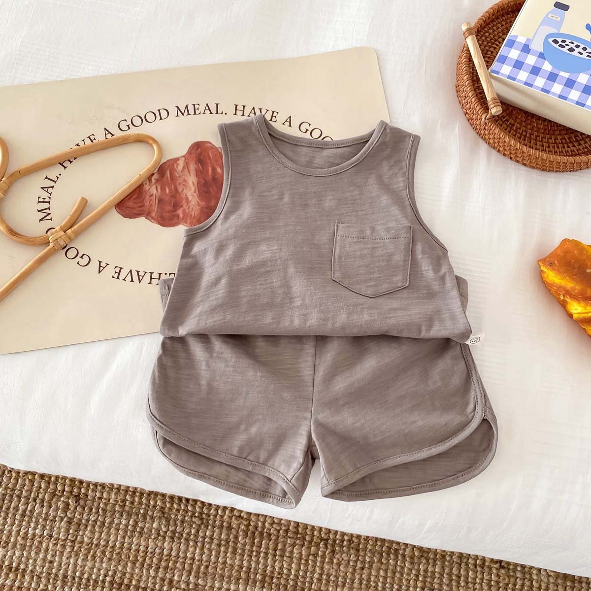 Children's Summer Sleeveless Vest Solid Color Kids Thin Casual Girls Tops Baby Boys Clothing Sets