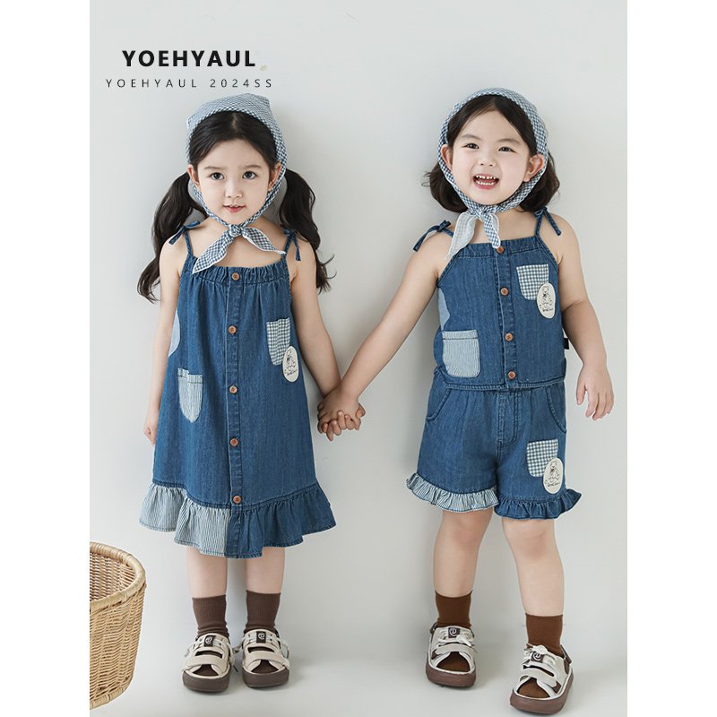 YOEHYAUL X4608 Manufacturer Wholesale Cotton Toddler Shorts Set Outfit Patchwork Dark Blue Baby Girl Summer Dress Denim Toddler