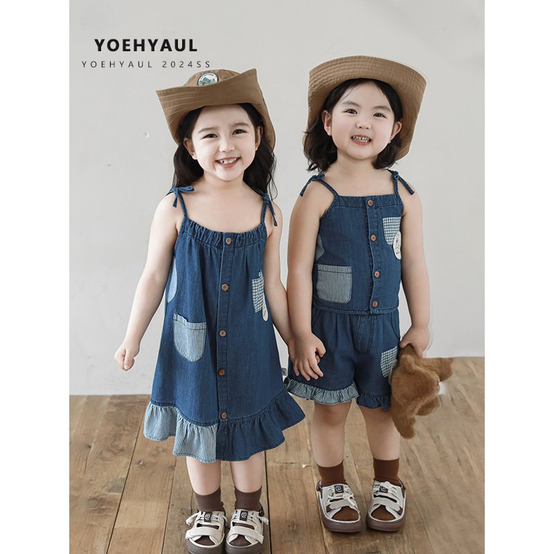 YOEHYAUL X4608 Manufacturer Wholesale Cotton Toddler Shorts Set Outfit Patchwork Dark Blue Baby Girl Summer Dress Denim Toddler