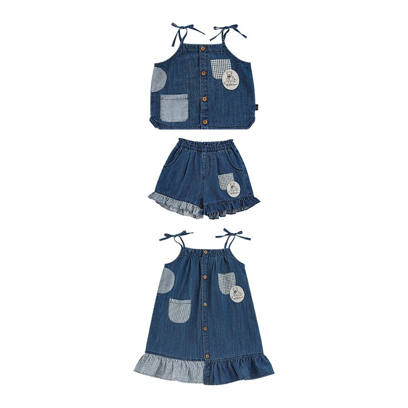 YOEHYAUL X4608 Manufacturer Wholesale Cotton Toddler Shorts Set Outfit Patchwork Dark Blue Baby Girl Summer Dress Denim Toddler