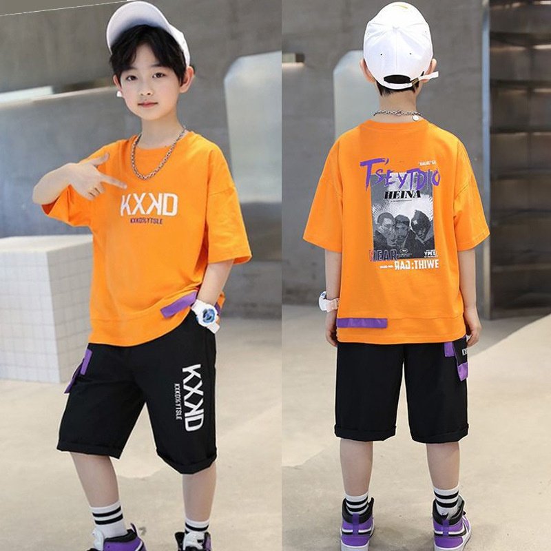 2024 Kids Summer Clothing Sets for Boys Letter Printed Short Sleeved Top Shorts 2-Piece Hip Hop Style 6-12 Years Made Polyester