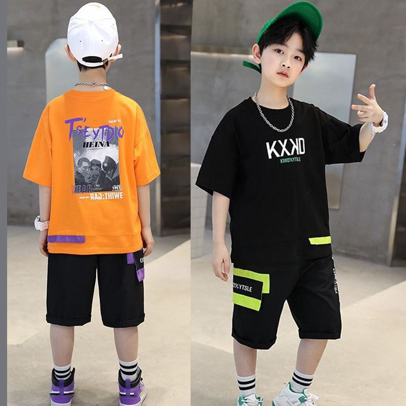 2024 Kids Summer Clothing Sets for Boys Letter Printed Short Sleeved Top Shorts 2-Piece Hip Hop Style 6-12 Years Made Polyester