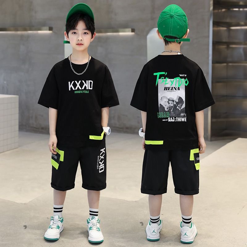 2024 Kids Summer Clothing Sets for Boys Letter Printed Short Sleeved Top Shorts 2-Piece Hip Hop Style 6-12 Years Made Polyester