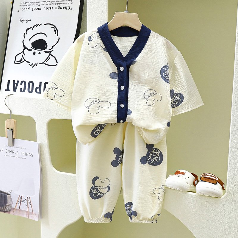 Summer children light double cotton long sleeved trousers home dress cute boys and girls clothing set