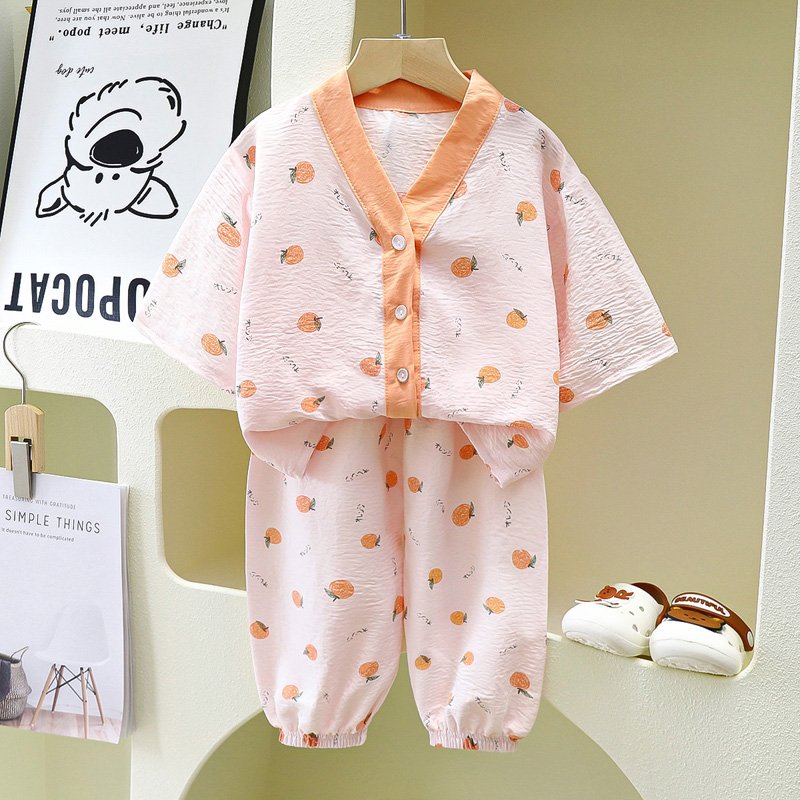 Summer children light double cotton long sleeved trousers home dress cute boys and girls clothing set