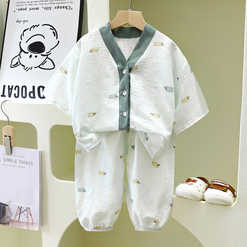 Summer children light double cotton long sleeved trousers home dress cute boys and girls clothing set