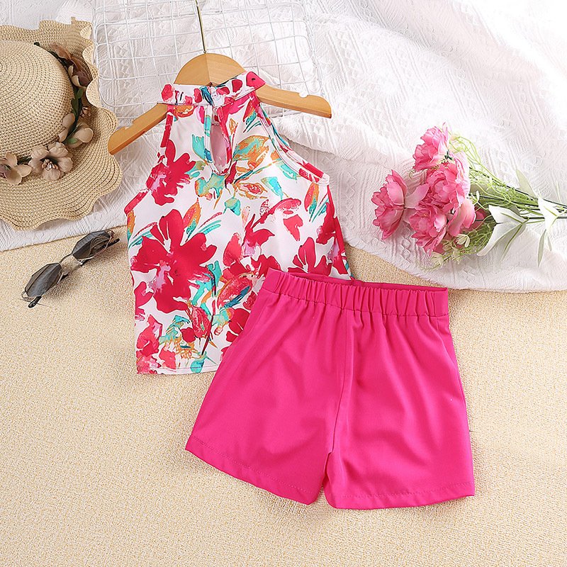 2024 New Children's Printed Hanging Neck Top+Shorts Set Wholesale