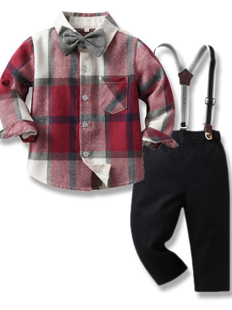 Autumn Plaid Long sleeved Top Bow Knot Gentleman Strap Pants Boys' Set Children's Suit Dress 2024 Hot Sale Baby Clothing Sets