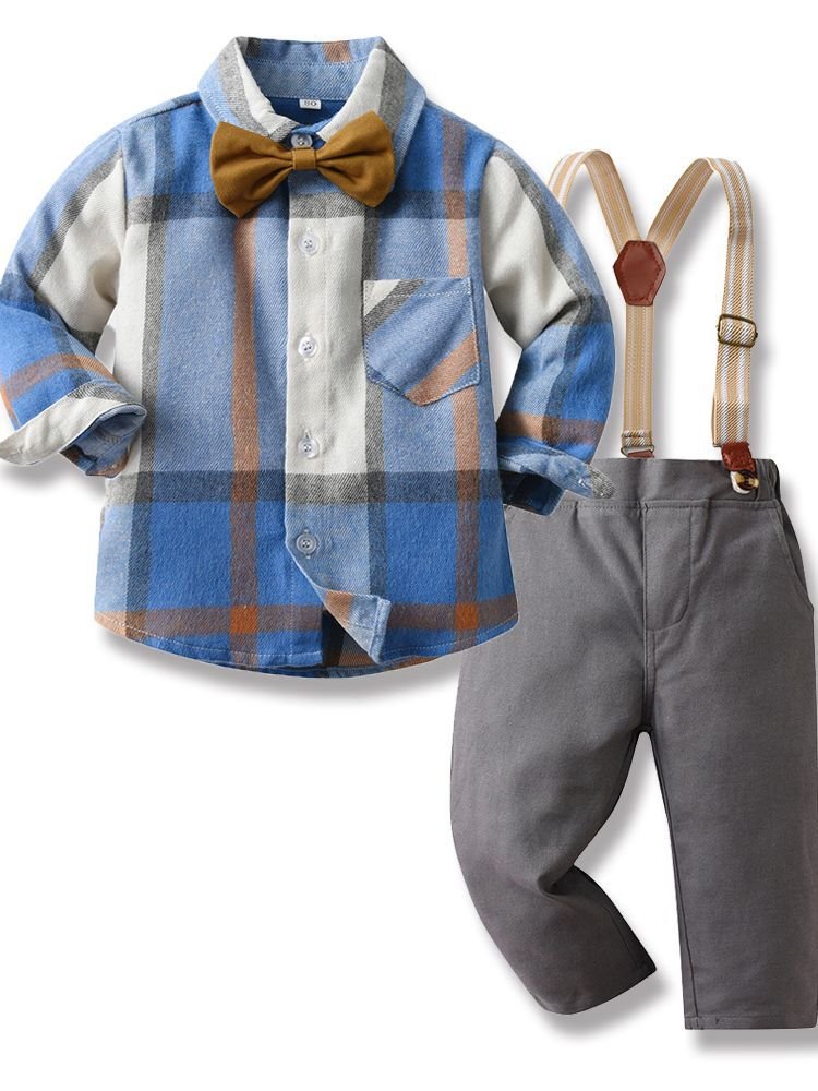 Autumn Plaid Long sleeved Top Bow Knot Gentleman Strap Pants Boys' Set Children's Suit Dress 2024 Hot Sale Baby Clothing Sets