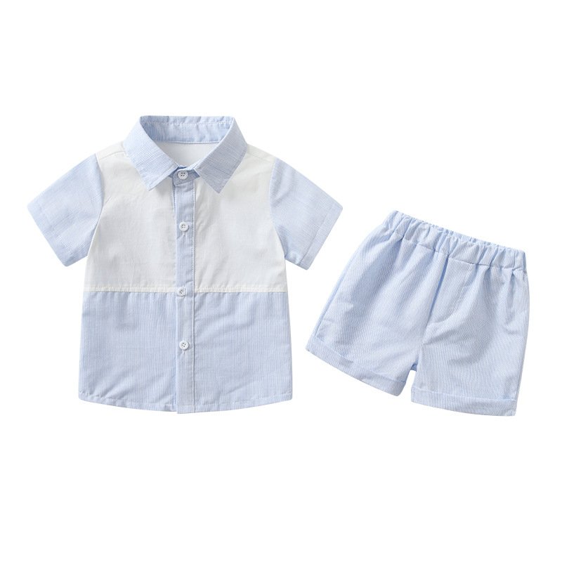 Custom Children's Blue-White Splice Striped Shorts Two-Piece Korean Style School Dress Kids Summer Boy Short-Sleeved Shirt Set