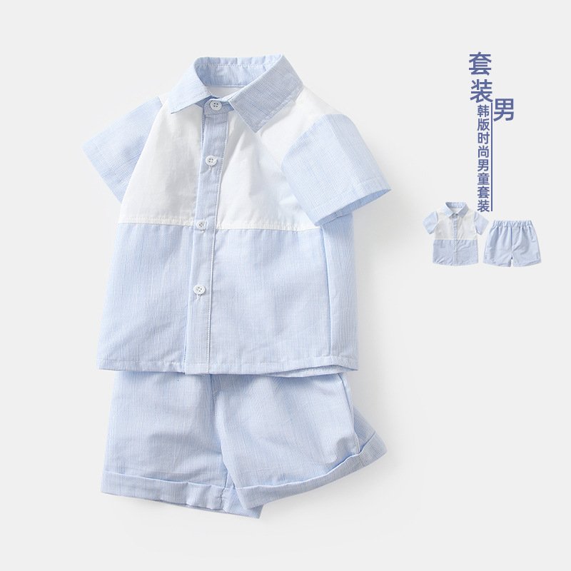 Custom Children's Blue-White Splice Striped Shorts Two-Piece Korean Style School Dress Kids Summer Boy Short-Sleeved Shirt Set