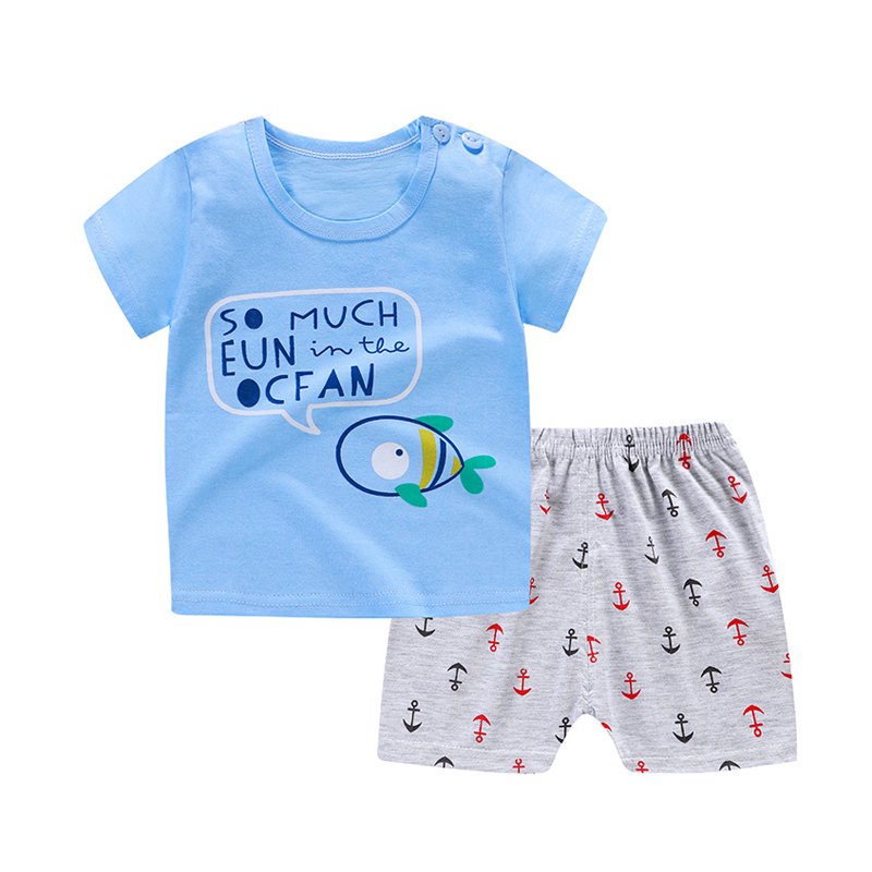 Cartoon Printed Toddler Baby Summer Short Sleeve T-shirts and Shorts Sets 2pcs Kids Beach Clothing Sets