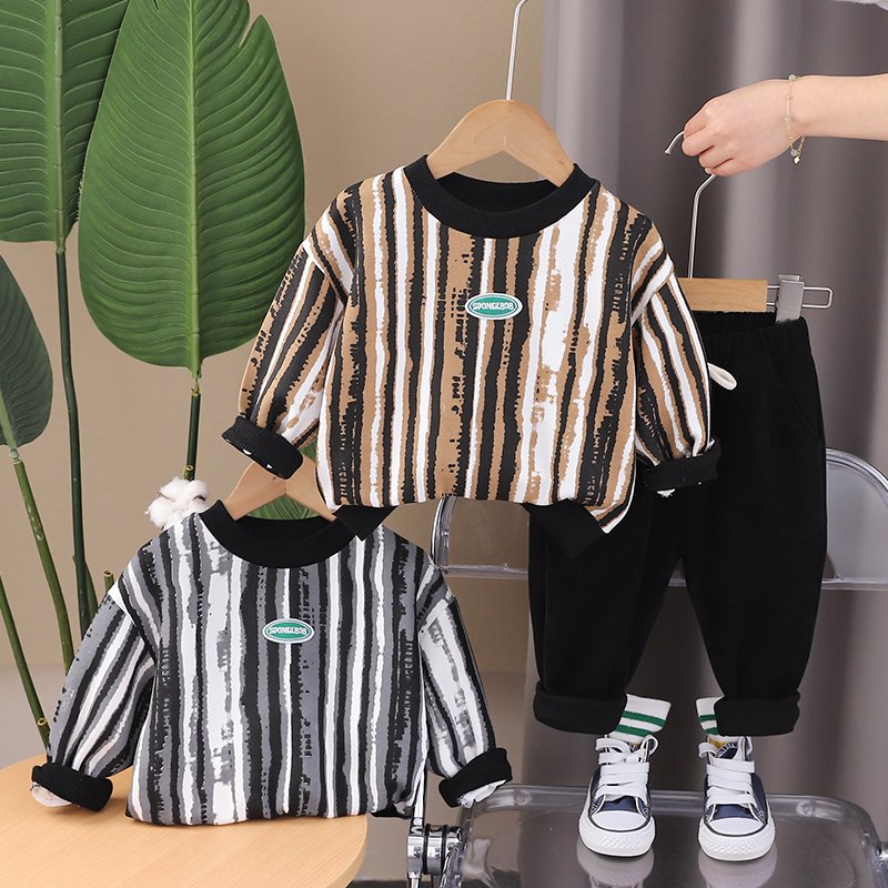 Spring and Autumn New Boys' Set Children's Clothing Striped Long Sleeve Round Neck Hoodie Children's Casual Pants Two Piece Set
