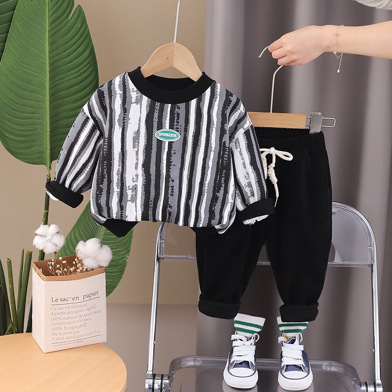 Spring and Autumn New Boys' Set Children's Clothing Striped Long Sleeve Round Neck Hoodie Children's Casual Pants Two Piece Set