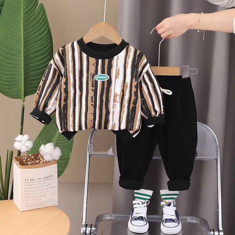 Spring and Autumn New Boys' Set Children's Clothing Striped Long Sleeve Round Neck Hoodie Children's Casual Pants Two Piece Set