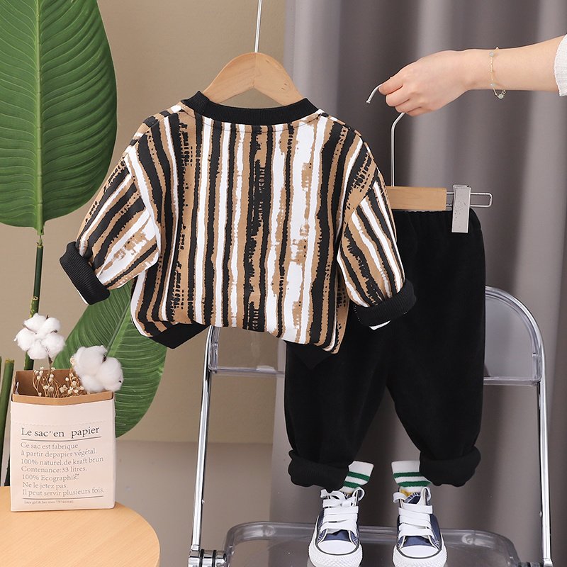 Spring and Autumn New Boys' Set Children's Clothing Striped Long Sleeve Round Neck Hoodie Children's Casual Pants Two Piece Set