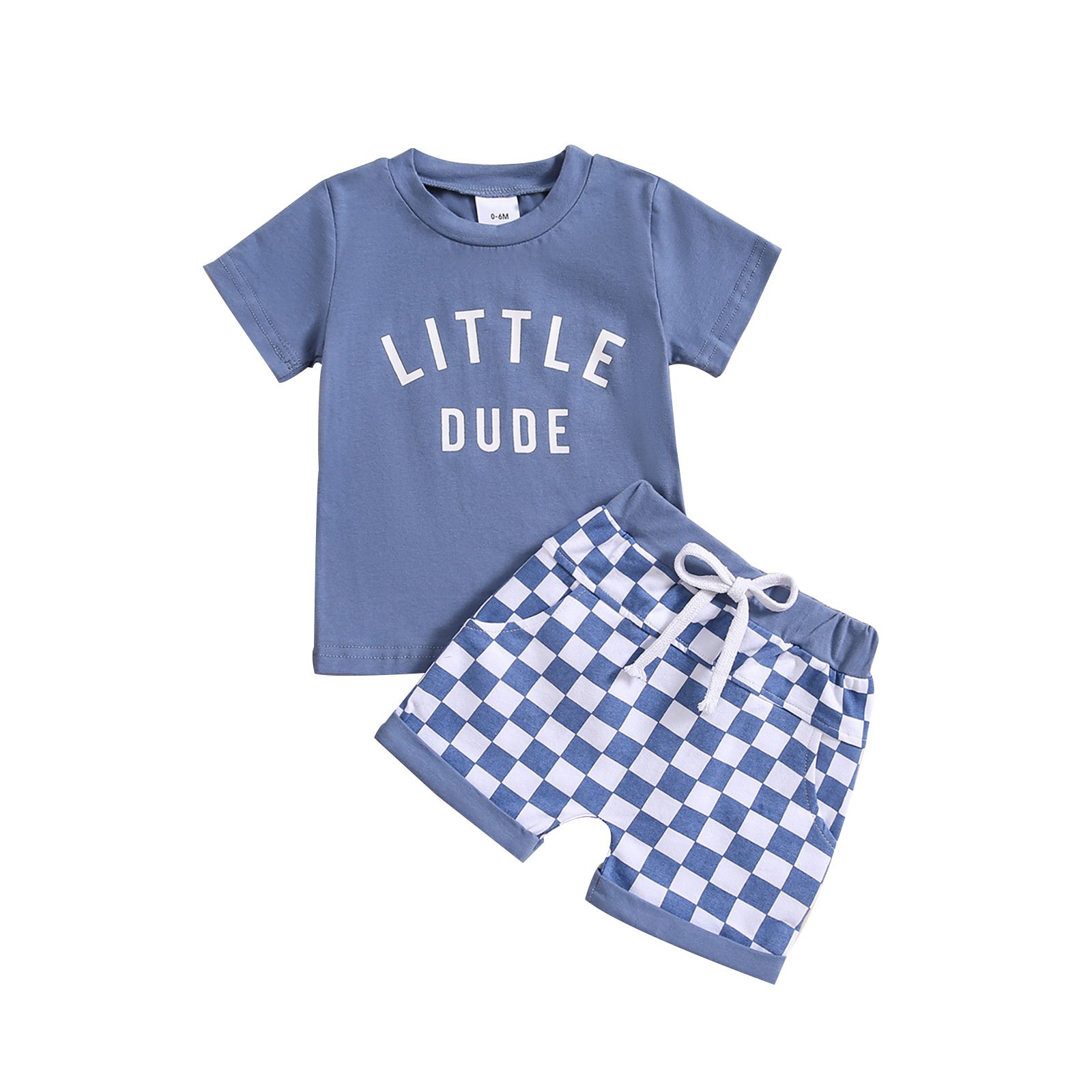 Children's clothing foreign trade round neck letter printed short sleeved top plaid shorts two-piece set multi-color