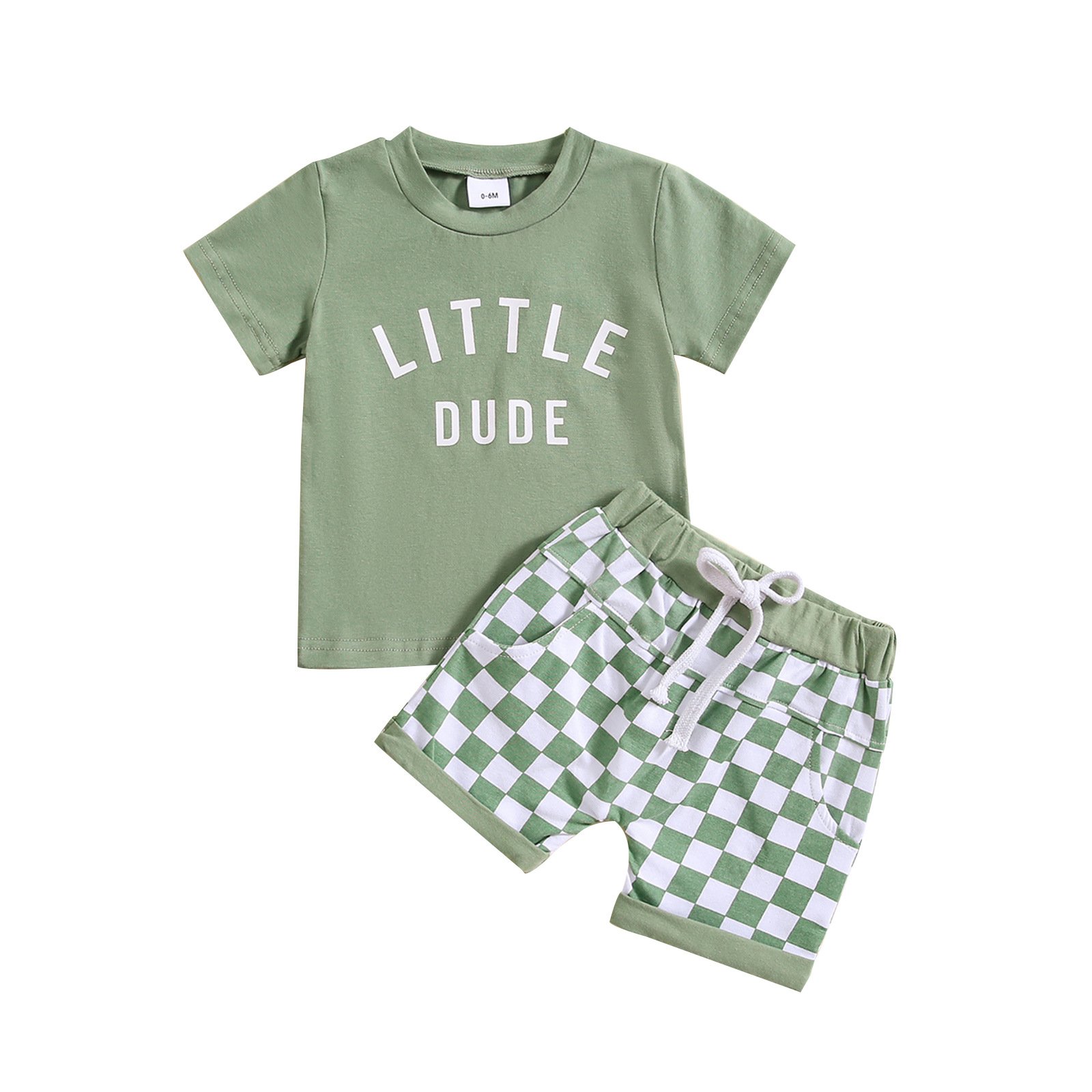 Children's clothing foreign trade round neck letter printed short sleeved top plaid shorts two-piece set multi-color