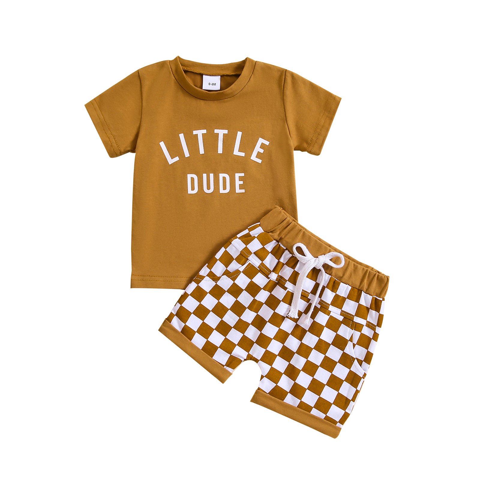 Children's clothing foreign trade round neck letter printed short sleeved top plaid shorts two-piece set multi-color