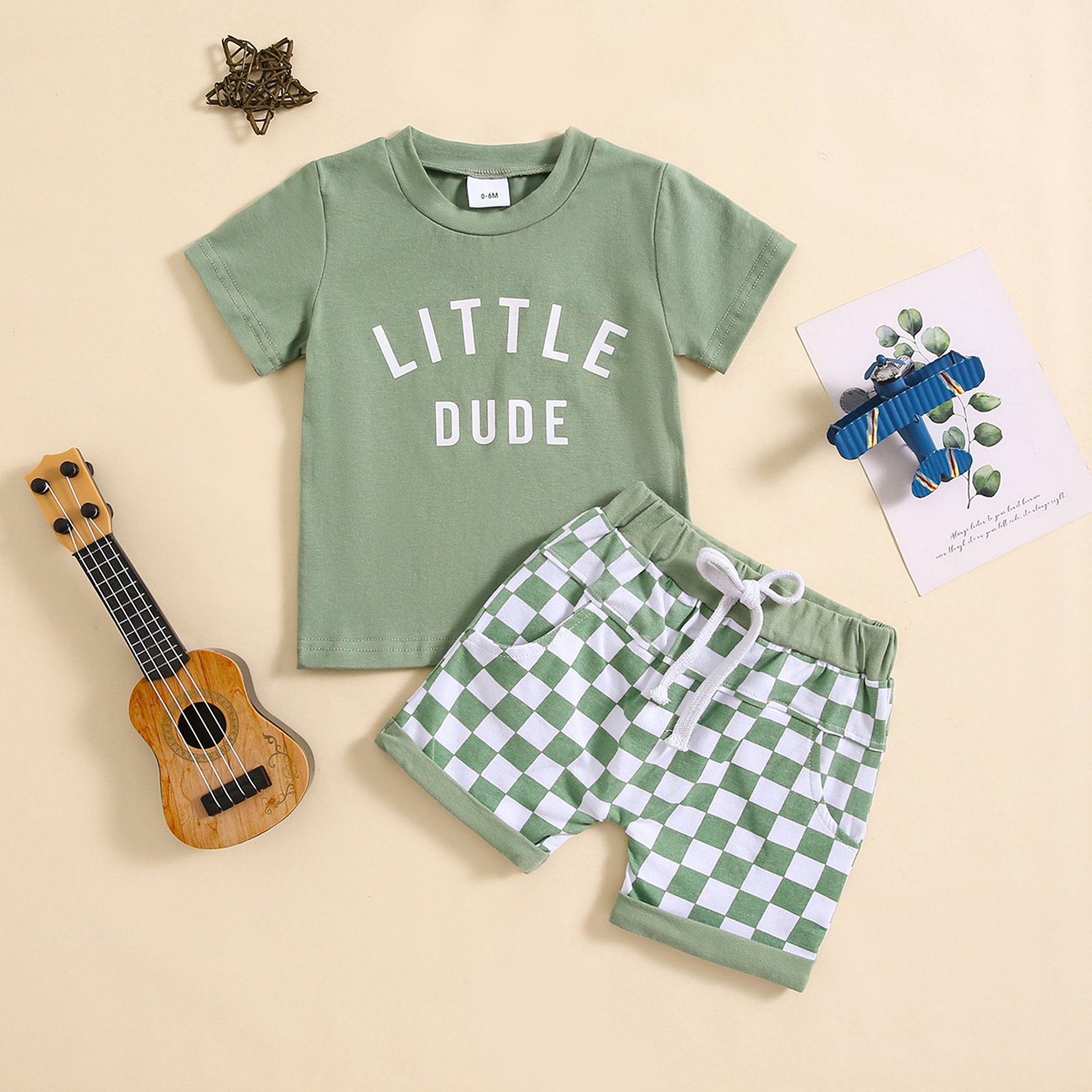 Children's clothing foreign trade round neck letter printed short sleeved top plaid shorts two-piece set multi-color