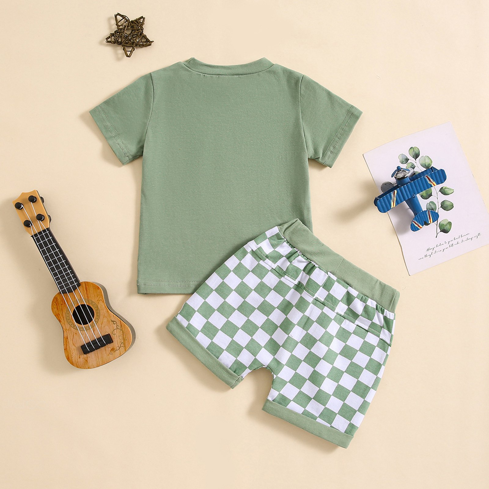 Children's clothing foreign trade round neck letter printed short sleeved top plaid shorts two-piece set multi-color