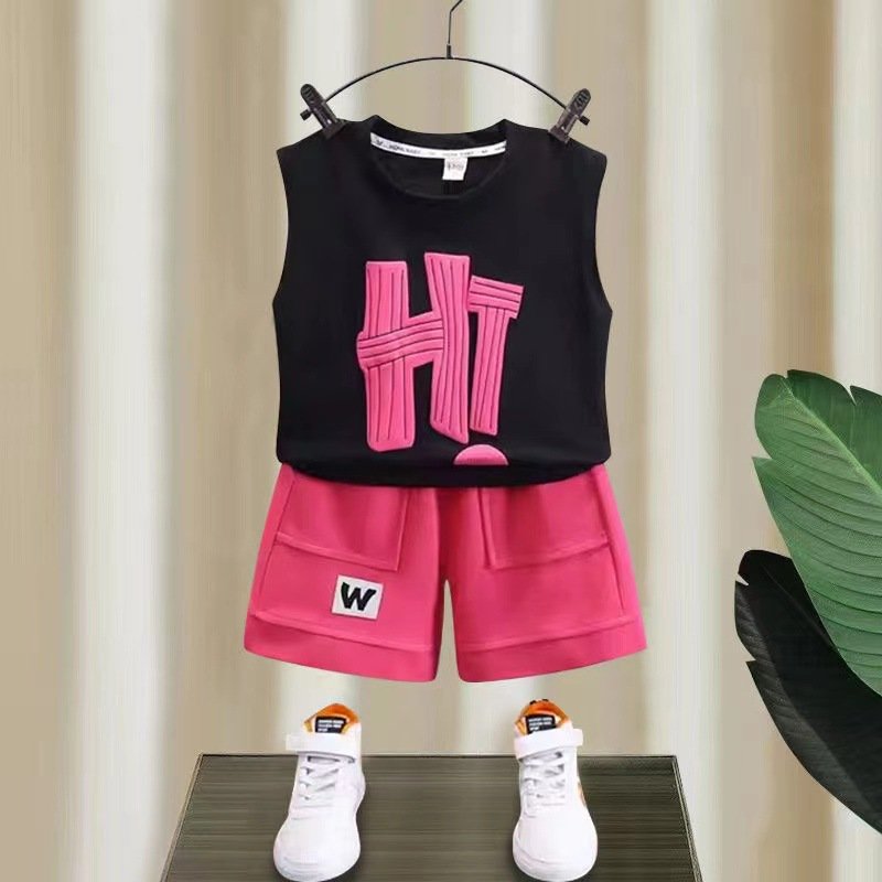 2024 Summer Boys' Casual Print Two-Piece Set Korean Version Suit with Fashionable Letter Jacket Vest and Shorts for Kids
