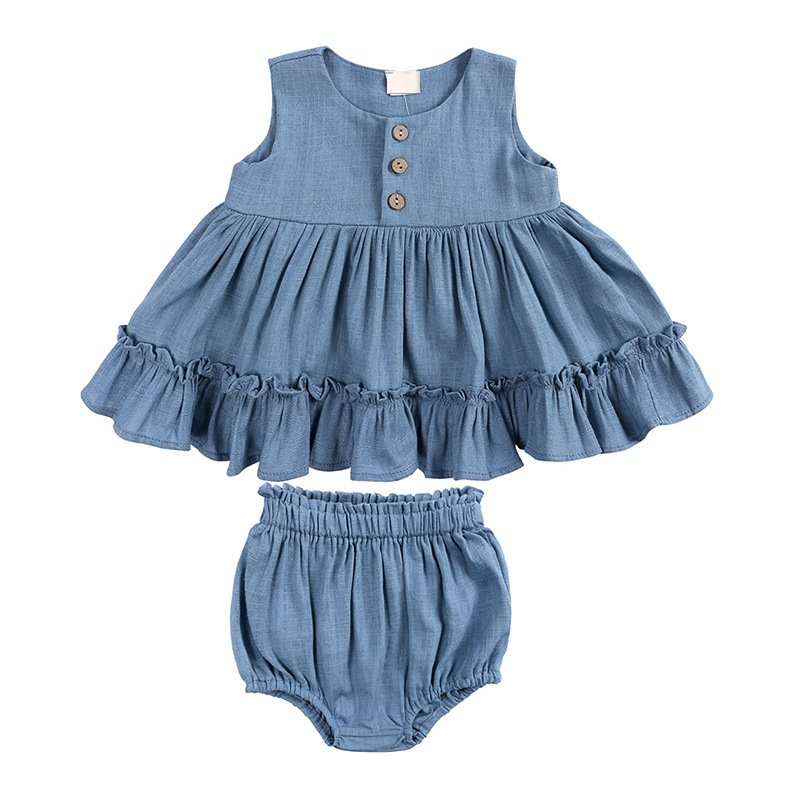 Infant Summer Clothes Sleeveless Solid Color Linen Cotton Dresses and Bloomers Toddler Baby Girl Clothing Set