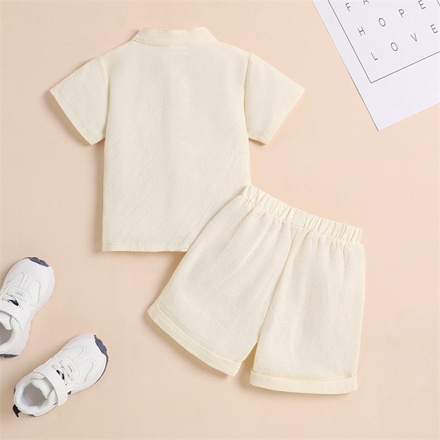 1 Pcs Custom Tag Linen Cotton Gentleman Outfit Summer Newborn Infant Toddler Clothes Top Shorts Button Baby Boys Clothing Set