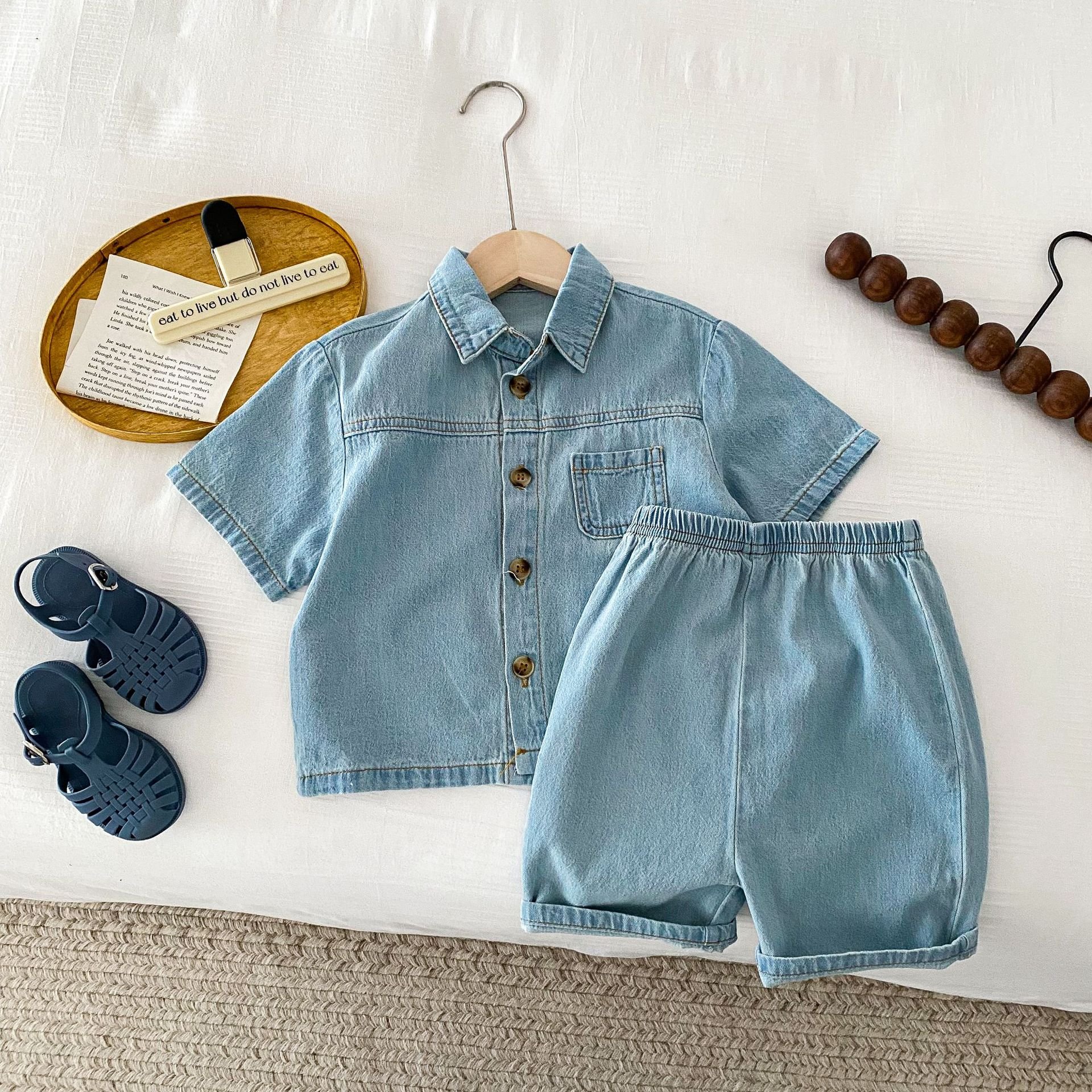 2024 Summer boys and girls casual short sleeve denim top lapel pants boy clothing sets two-piece