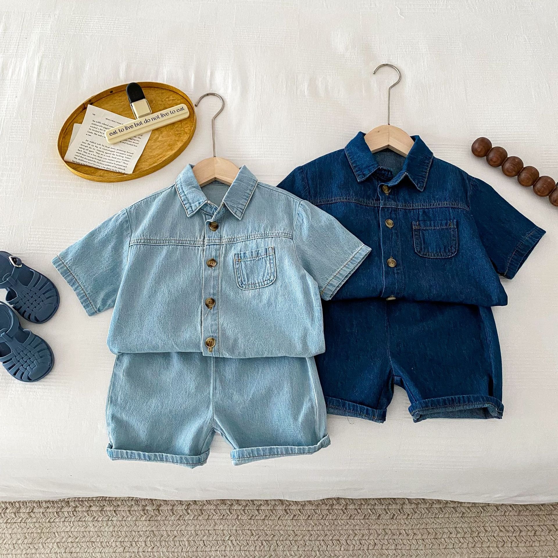 2024 Summer boys and girls casual short sleeve denim top lapel pants boy clothing sets two-piece