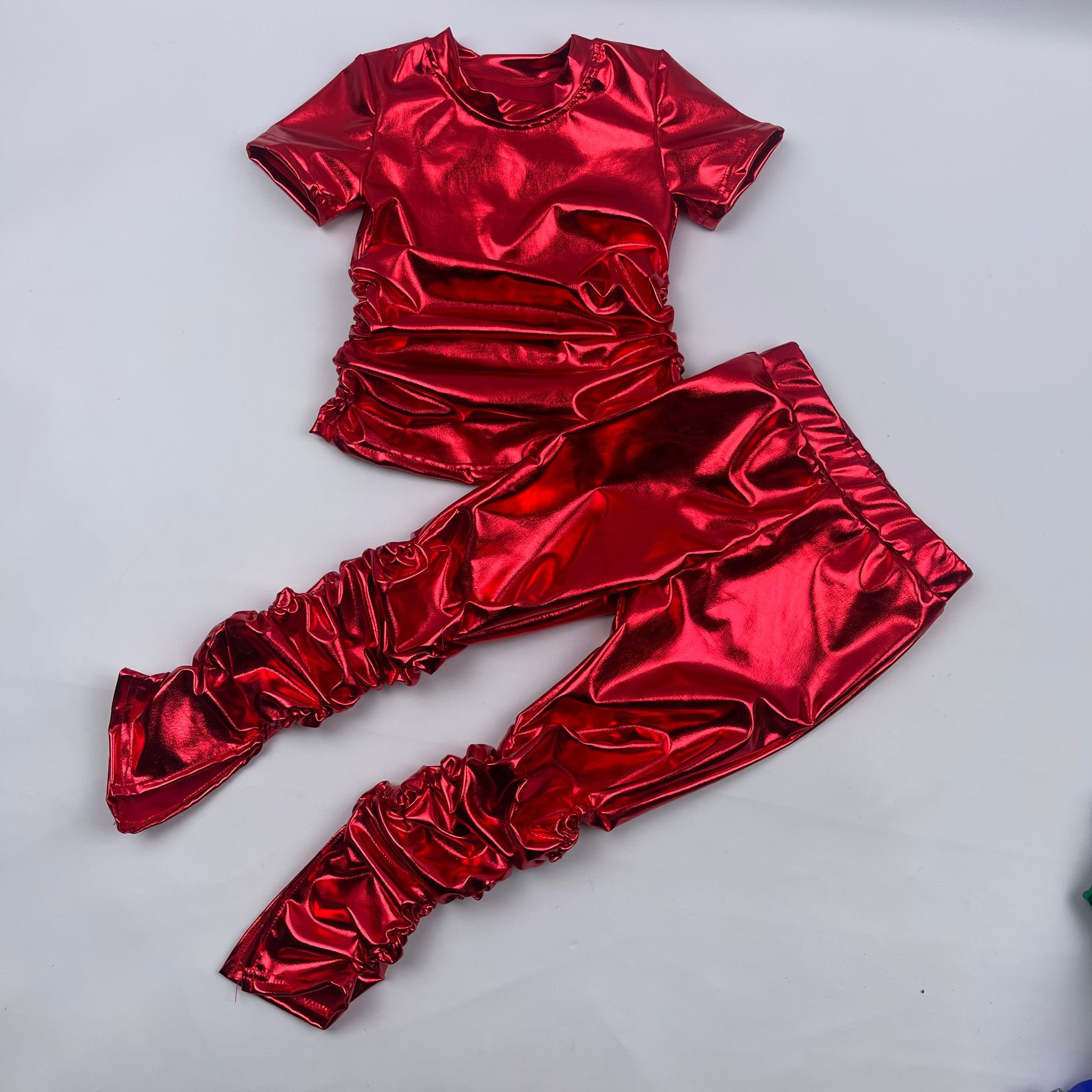 QL2022 Little girl stack pants set solid shiny candy color trousers sportswear short sleeve baby leather outfits Toddler clothes