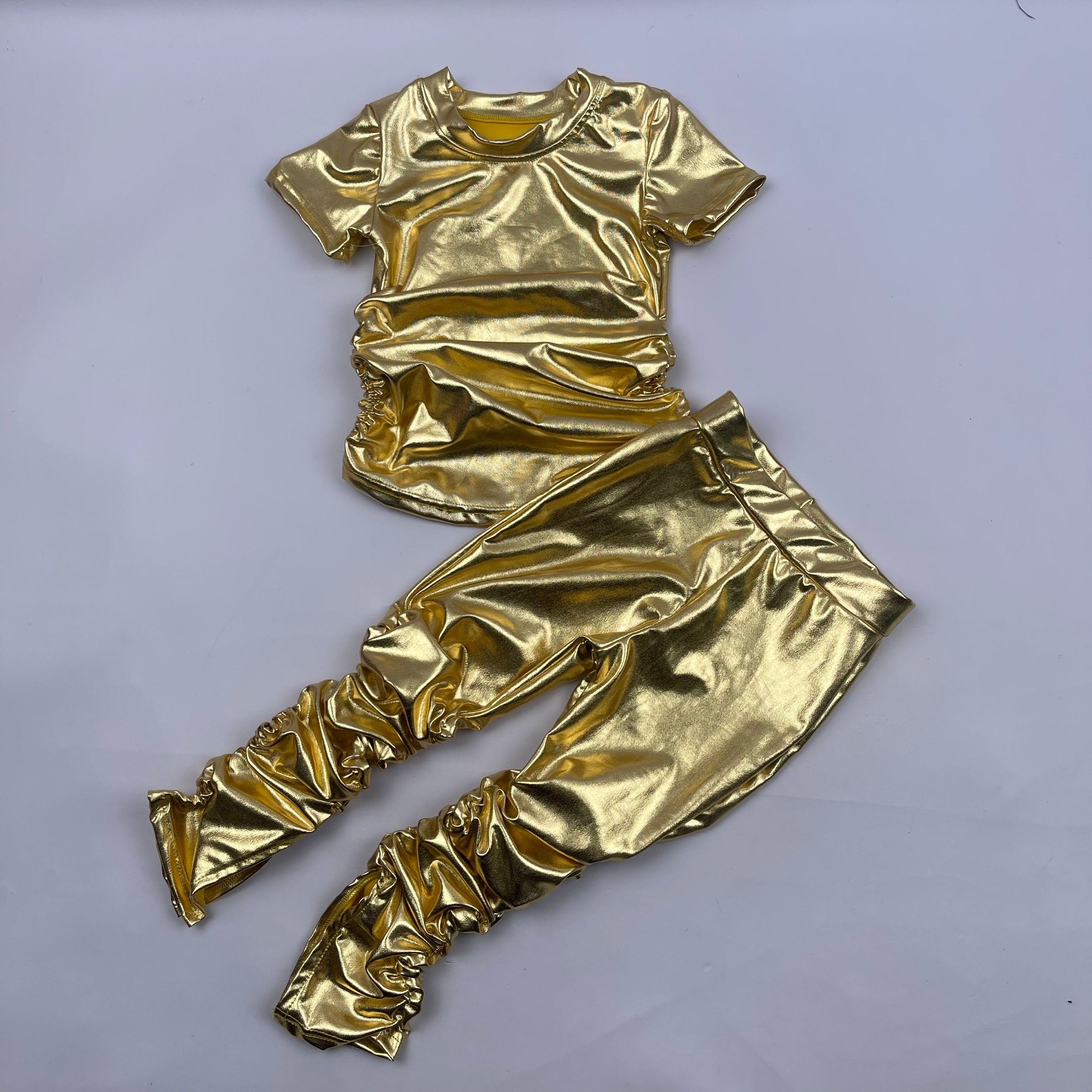 QL2022 Little girl stack pants set solid shiny candy color trousers sportswear short sleeve baby leather outfits Toddler clothes