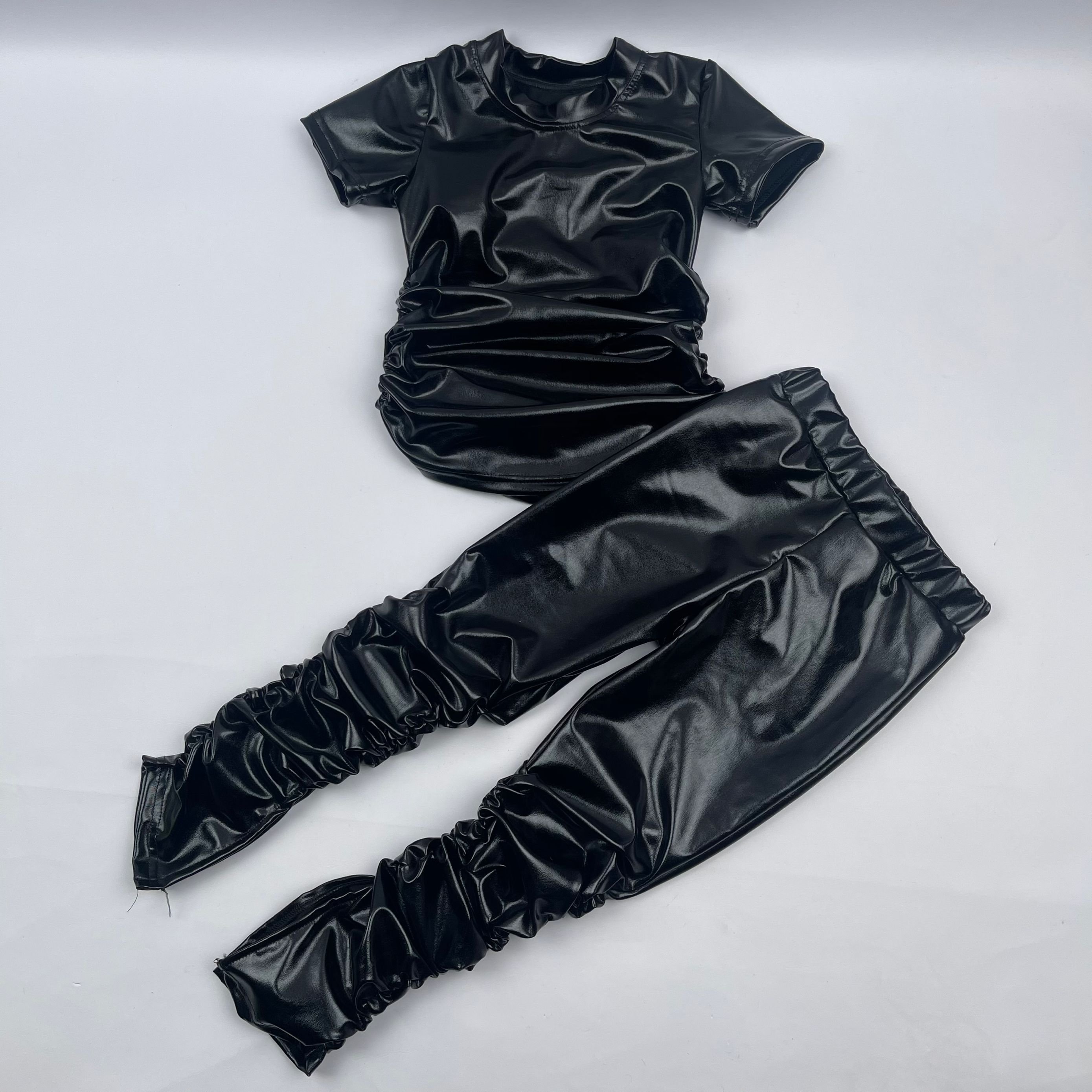 QL2022 Little girl stack pants set solid shiny candy color trousers sportswear short sleeve baby leather outfits Toddler clothes