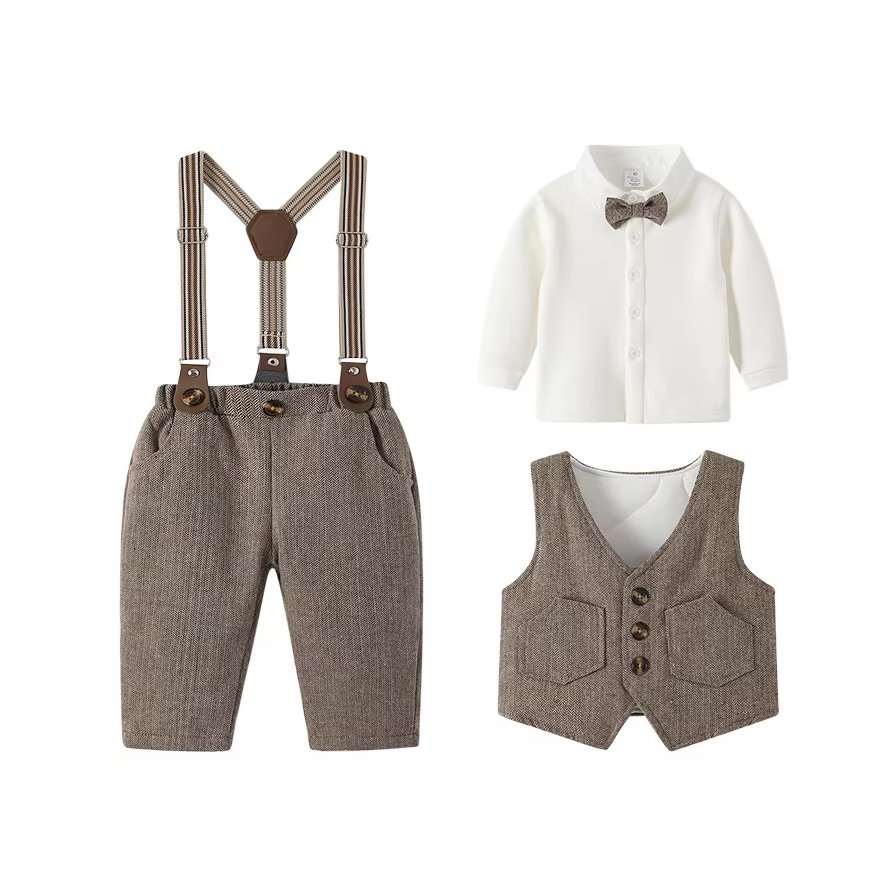 Children overalls suit autumn and winter new handsome plus velvet warm wedding one-year-old dress three-piece suit