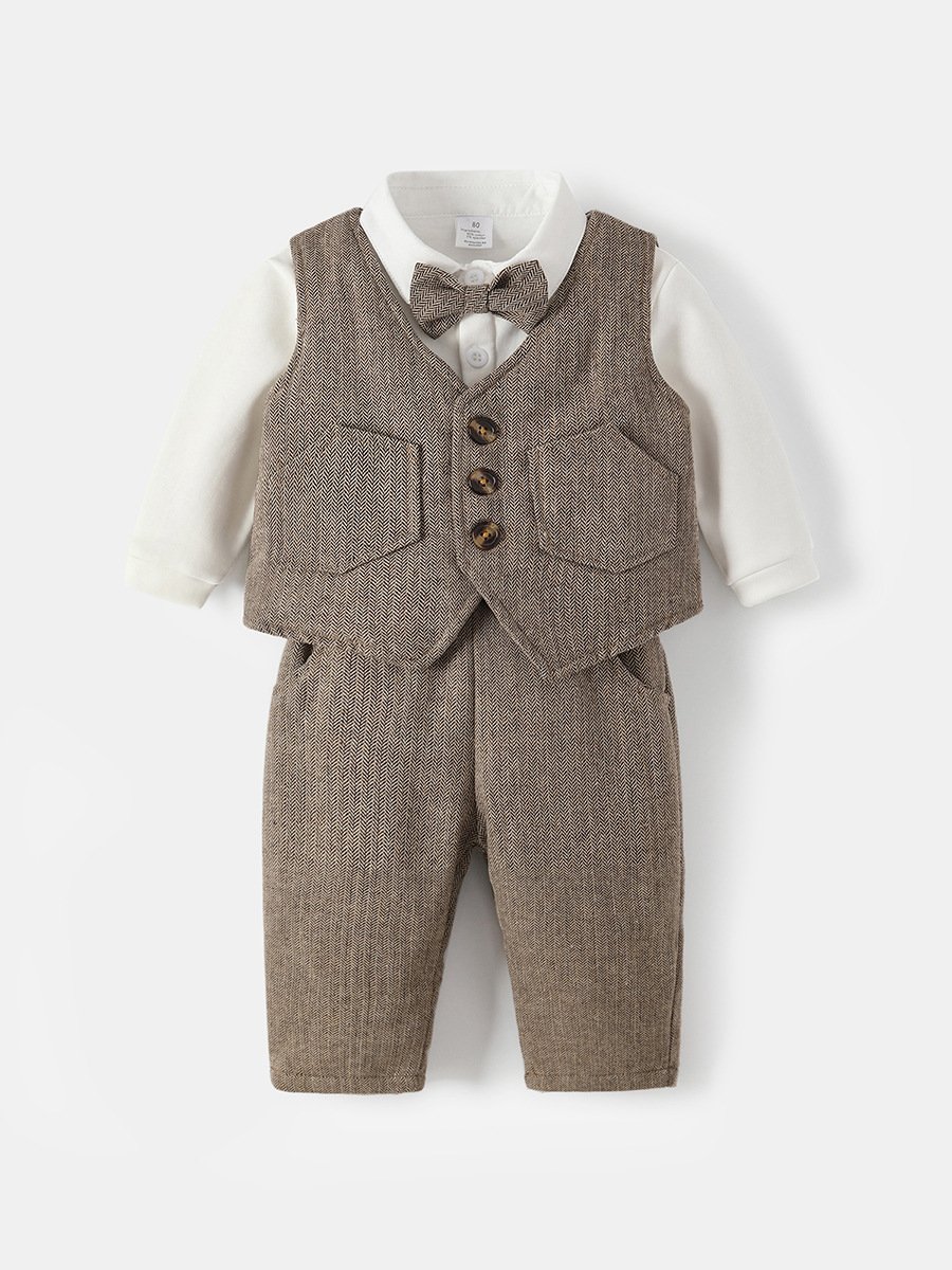 Children overalls suit autumn and winter new handsome plus velvet warm wedding one-year-old dress three-piece suit