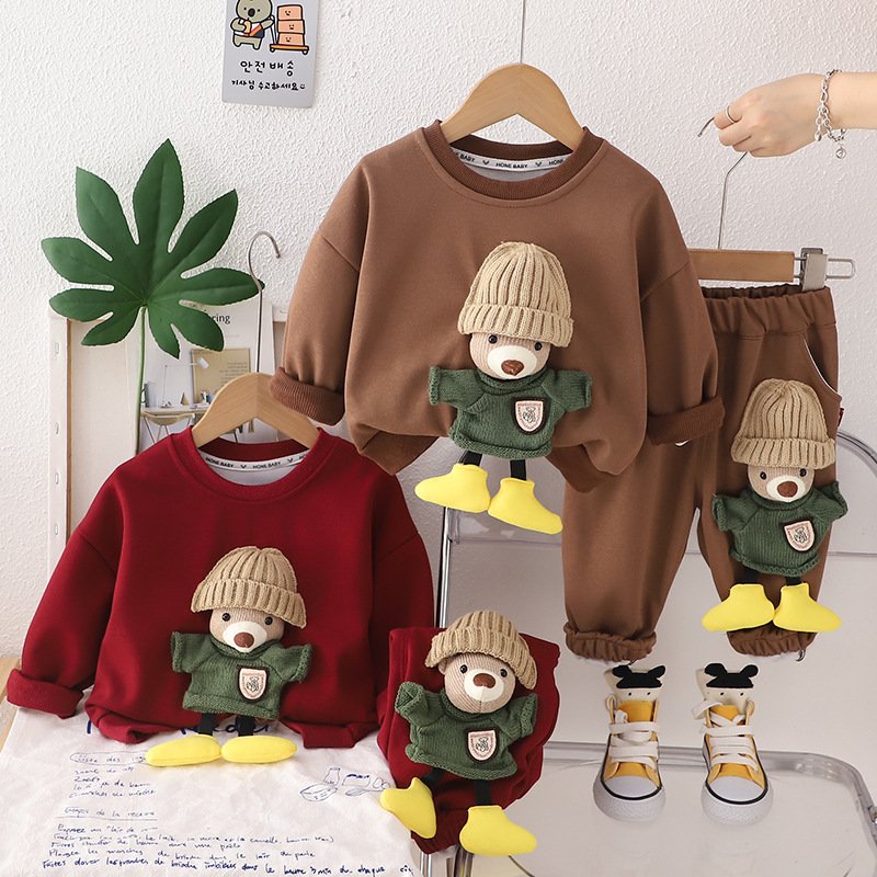 Cross border children's clothing autumn new item boys' three-dimensional teddy bear round neck long sleeved two-piece set