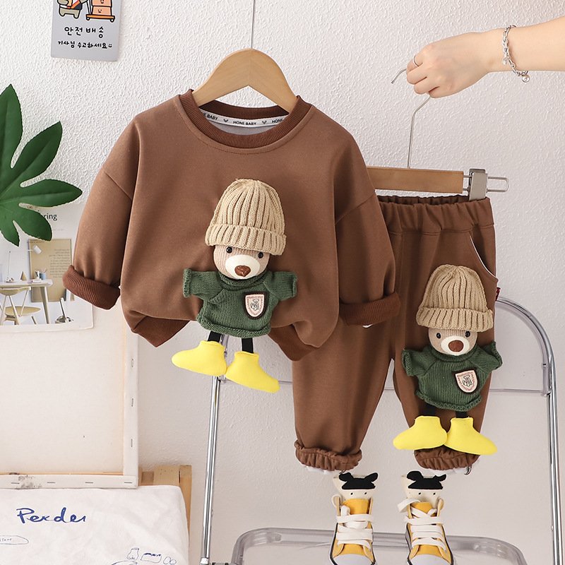 Cross border children's clothing autumn new item boys' three-dimensional teddy bear round neck long sleeved two-piece set