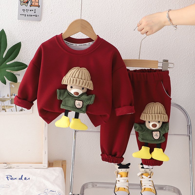 Cross border children's clothing autumn new item boys' three-dimensional teddy bear round neck long sleeved two-piece set
