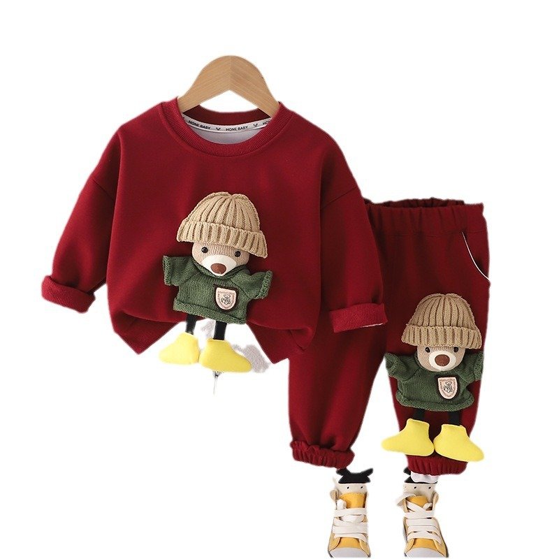 Cross border children's clothing autumn new item boys' three-dimensional teddy bear round neck long sleeved two-piece set