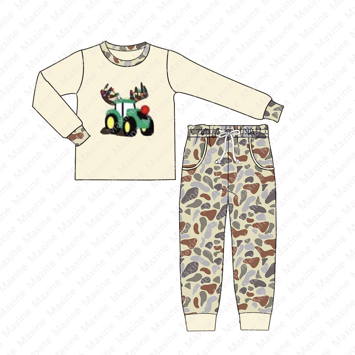 Camouflage Christmas design applique boy sets long sleeve kids Christmas outfits cotton boys clothing sets