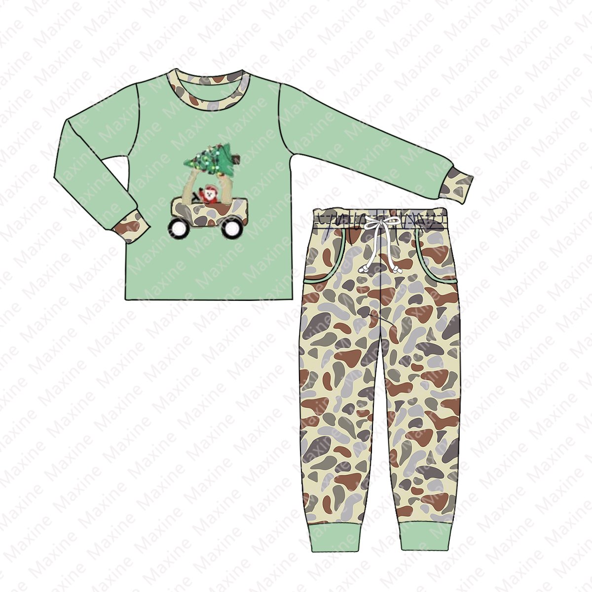 Camouflage Christmas design applique boy sets long sleeve kids Christmas outfits cotton boys clothing sets