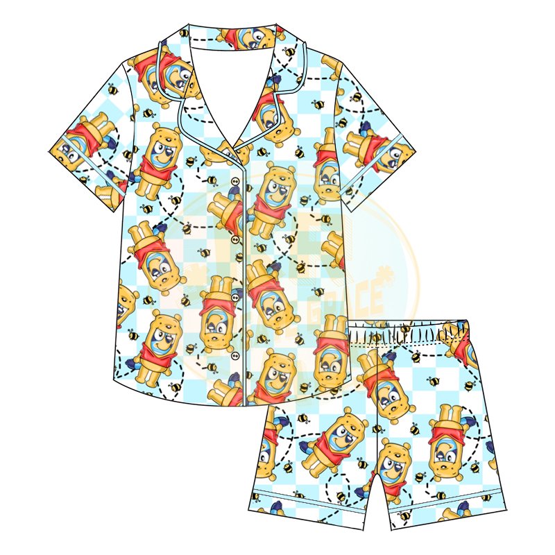Custom summer boys and girls Short sleeve Buttons pant Baby Pajamas set cartoon print short children Clothing set
